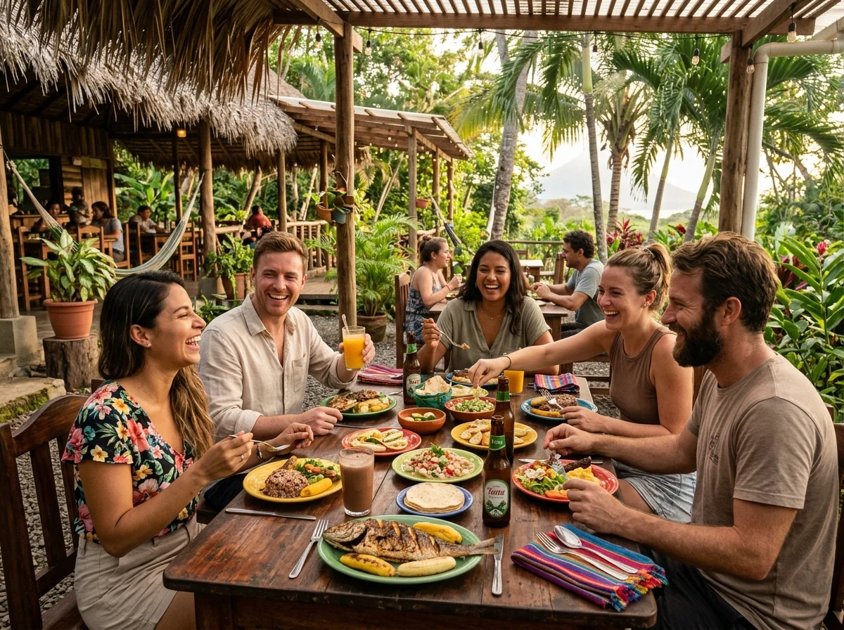 Group of travelers dining together at an authentic boutique hotel restaurant